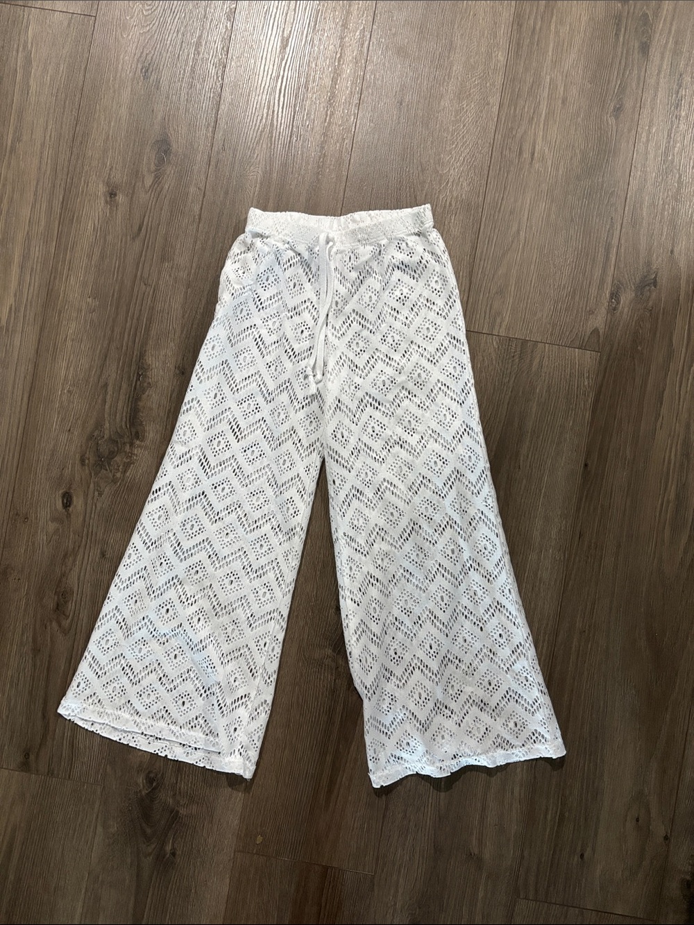 Girls White Crochet Swim Cover-Up Pants with Drawstring Waist